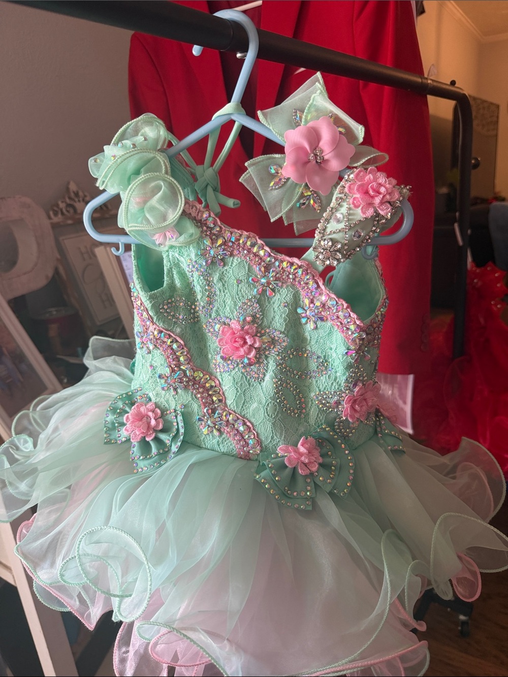 Mint Green Floral Lace Tutu Dress for Kids - Sparkle Embellished